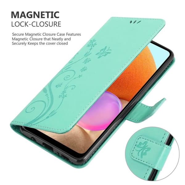 Fodral med lock för Samsung Galaxy A32 4G, Turkos Blommönster, Skyddande Design, Plånboksfodral Blå