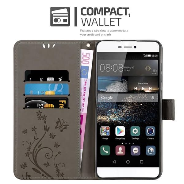 Fodral med lock för Huawei P8, i GRÅ BLOMMÖNSTER, Skyddande design, Plånboksfodral Grå