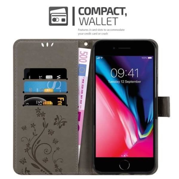 Fodral till iPhone 7/7S/8 - CADORABO - Blommönster - Imiterat läder - Stativfunktion - 3 kortplatser Grå