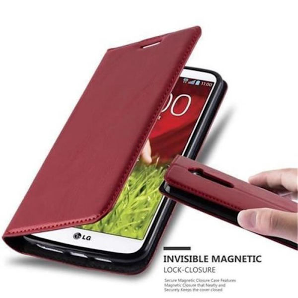 LG G2 fodral i APPLE RED från Cadorabo (INVISIBLE MAGNETIC CLOSURE Design) Helt skyddande fodral med flip flik