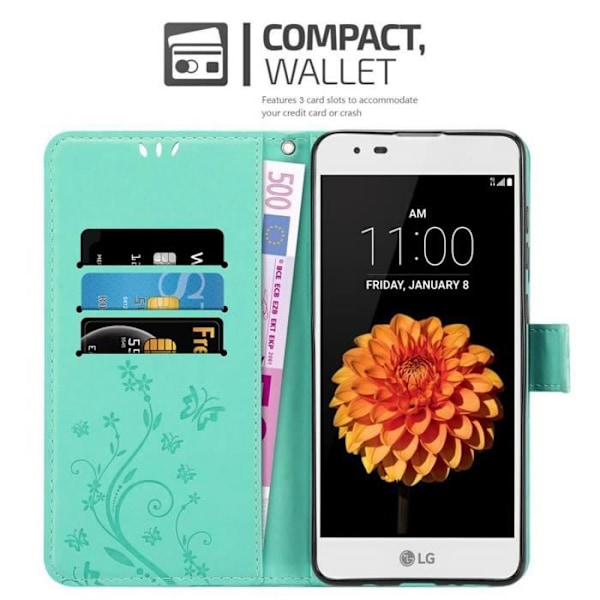 Coque - CADORABO - LG K7 2016 - Syntetisk läder - Blommig - Magnetstängning Turkos