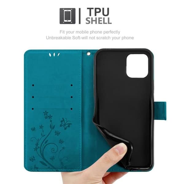 Fodral med lock för iPhone 12 MINI Etui i BLÅ BLOMSTER Design Floral Plånbok Blå