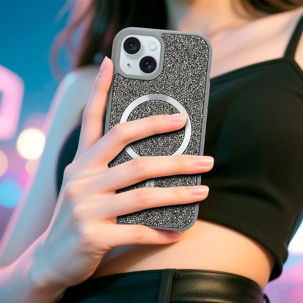 iPhone 15-fodral i GRÅ Stötsäker Magsafe-kompatibel med diamantglitterstil Grå