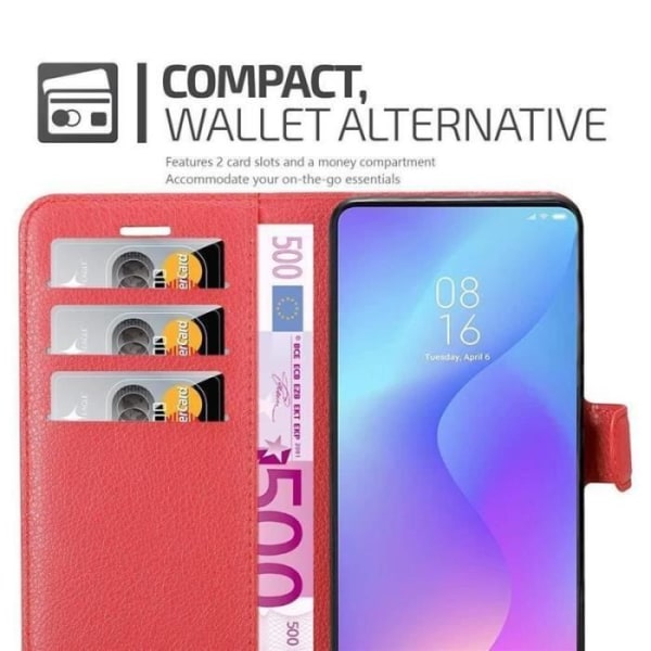 Fodral - CADORABO - Xiaomi Mi 9T / 9T PRO - Rött konstläder - Stativfunktion - 3 kortfack Röd