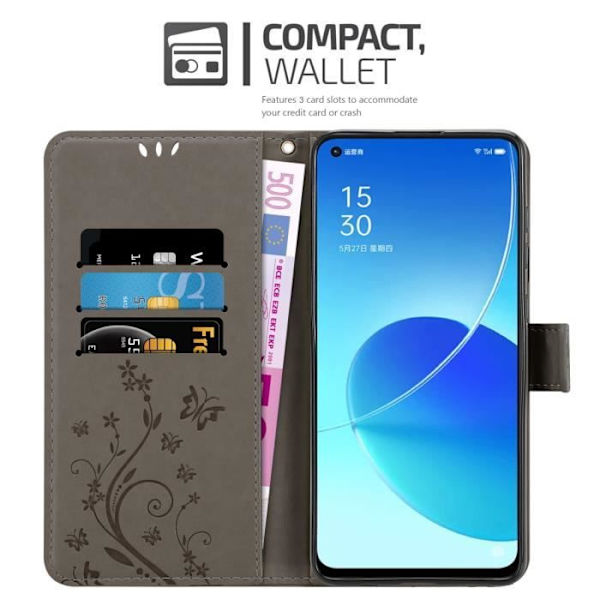 Coque för Oppo Reno6 5G - CADORABO - Grå Blommig - Syntetläder - Ställfunktion - Plånbok Blommig grå