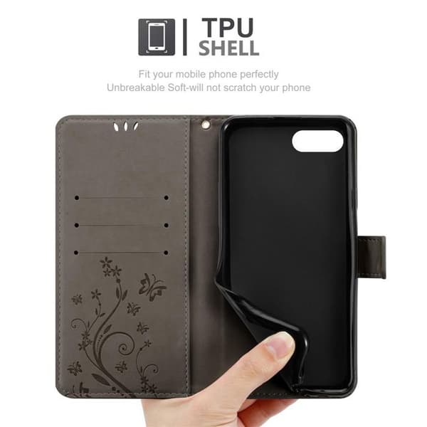 Fodral med lock för Honor 10 Etui i GRÅ BLOMMÖNSTER Skydd Design Blommig Plånbok Grå