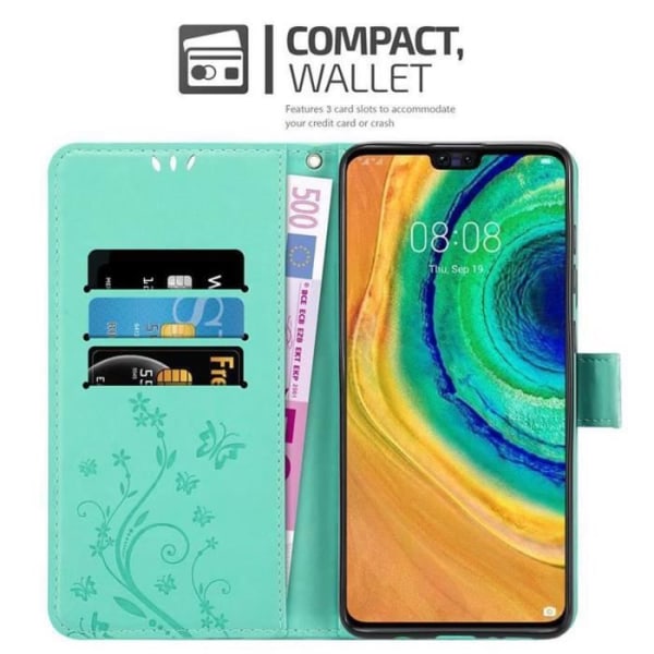 Coque - CADORABO - Huawei MATE 30 - Simulerader Turkos Blommönster - Ställfunktion - Fack för kort Turkos