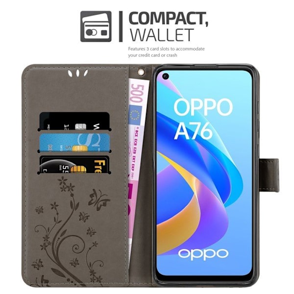 Skyddshölje för Oppo A36 / A76 / A96 4G / K10 4G / Realme 9i Fodral i GRÅTT BLOMMÖNSTER Plånboksfodral Wallet Grå