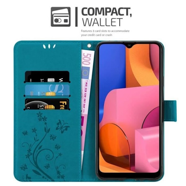 Fodral till Samsung Galaxy A20S - CADORABO - Blommönster - Imiterat läder - Stativfunktion - 3 kortplatser Blå
