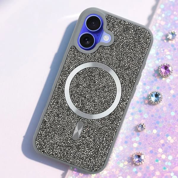 iPhone 16 PLUS-fodral i GRÅ Stötsäker Magsafe-kompatibel med diamantglitterstil Grå