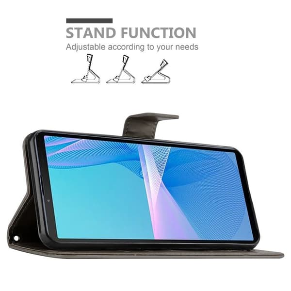 Fodral med lock för Sony Xperia 10 III Etui i GRÅTT BLOMMÖNSTER Skydd Design Blommig Plånbok Grå