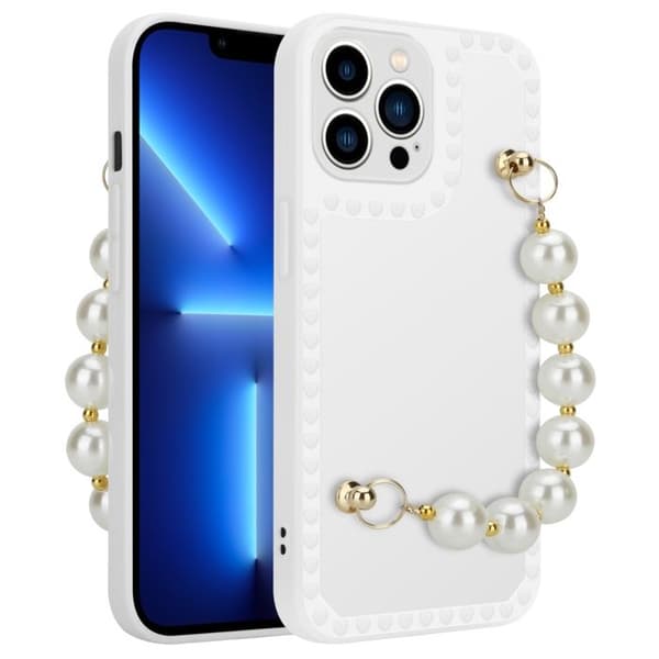 iPhone 13 PRO MAX Fodral Vit med pärlor och handledsrem Vit