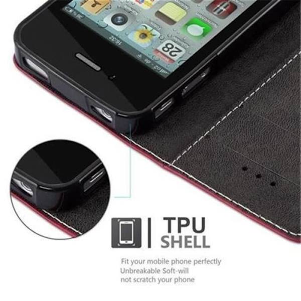 Cadorabo Apple iPhone 4 / 4S Fodral RÖTT SVART Imiterat läder (LÄDER/MOKA) Magnetfodral med stativ och kortplats