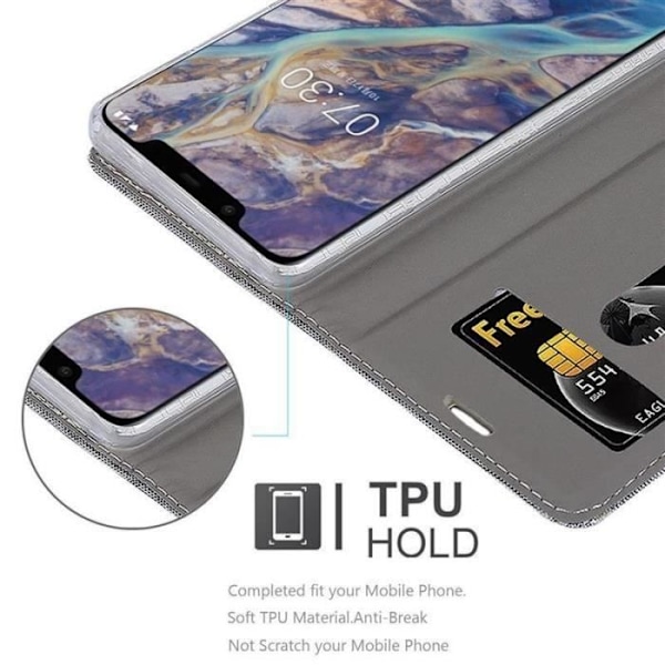 Plånboksfodral - CADORABO - Nokia 7.1 2018 PLUS - Imiterat läder - Horisontellt stativ - Kortplatser Grå