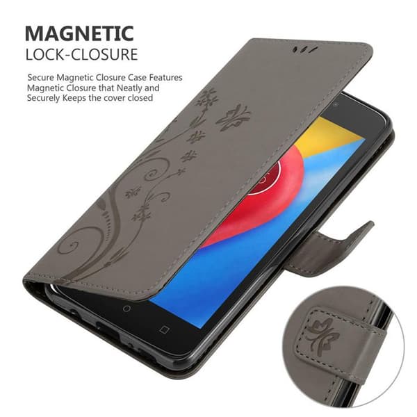 Fodral med lock för Motorola MOTO C Etui i GRÅ BLOMMÖNSTER Skydd Design Blommig Plånbok Grå