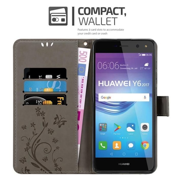Skal till Huawei Y5 2017 / Y6 2017 Fodral i GRÅ BLOMMA Etui Case Cover Skydd Blommigt Plånbok Wallet Grå