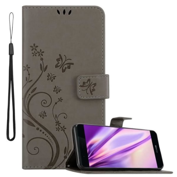 Fodral för Huawei P9 PLUS - CADORABO - Grå Blommönster - Syntetläder - Plånboksfodral - Skydd med Ställning Blommig grå