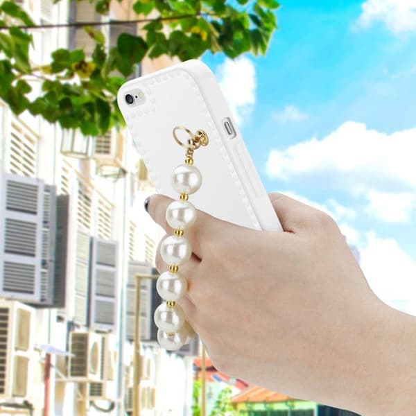 iPhone 6 / 6S vit skal med pärlor och handledsrem Vit