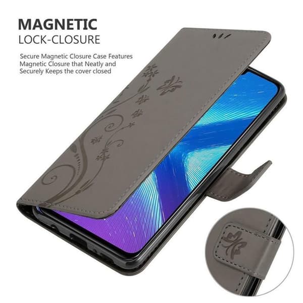 Fodral med lock för Honor 8X Etui i GRÅTT BLOMMÖNSTER Skydd Design Blommig Plånbok Grå