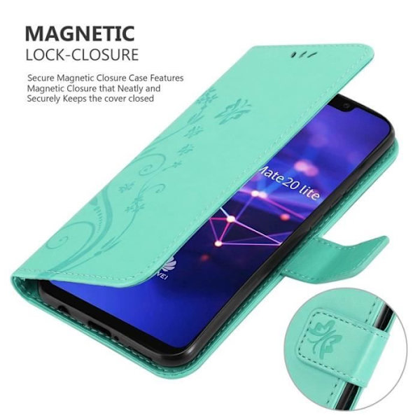 Fodral till Huawei MATE 20 LITE - CADORABO - Blommönster - Imiterat läder - Stativfunktion - 3 kortplatser Grön
