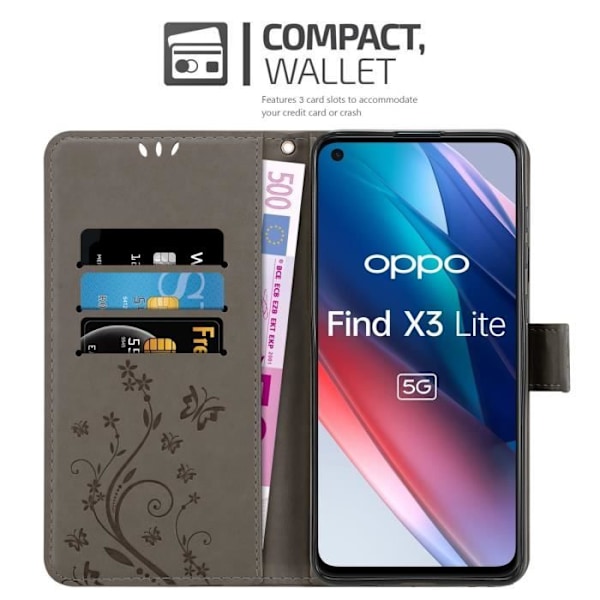 Coque för Oppo FIND X3 LITE - CADORABO - Grå Blommig - Syntetläder - Ställfunktion - Kortfack Blommig grå