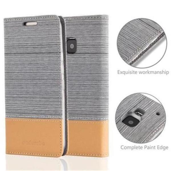 Cadorabo Fodral för HTC ONE M9 (3. Gen) LJUSGRÅ BRUNT TYG-IMATISKT LÄDER Magnetiskt fodralhölje stöder kortplats för stativ