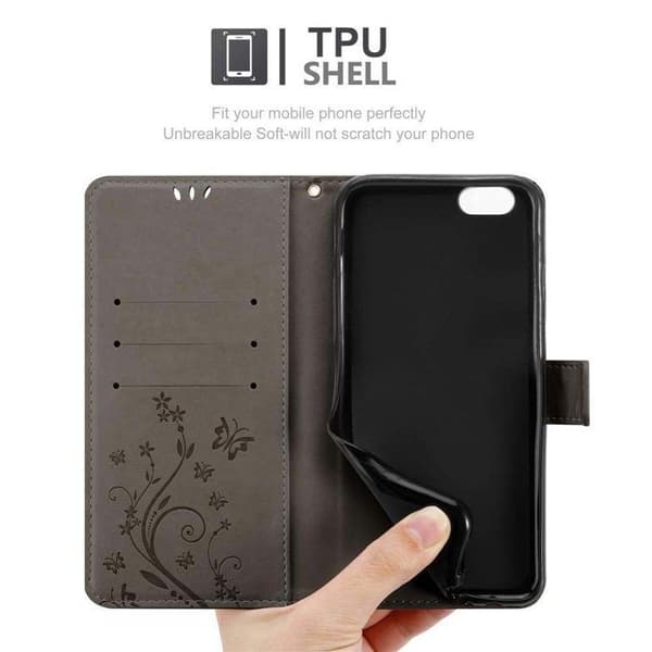 Flipfodral för iPhone 6 PLUS / 6S PLUS Fodral i GRÅ BLOMMÖNSTER Skyddande Blommönster Plånbok Grå