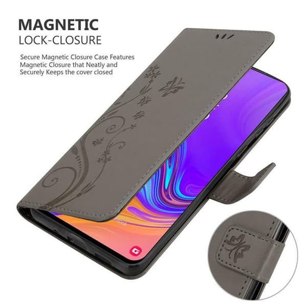 Fodral med lock för Samsung Galaxy A8s Etui i GRÅ BLOMMÖNSTER Skydd Design Blommig Plånbok Grå