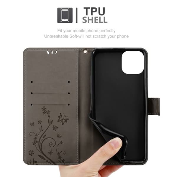 Fodral med lock för iPhone 14, Etui i GRÅTT BLOMMÖNSTER, Skyddande Blommönster Plånbok Grå