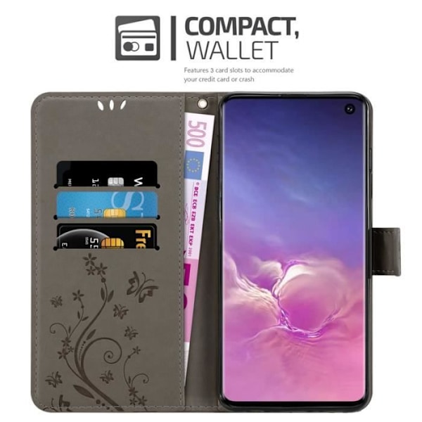 Fodral - CADORABO - Samsung Galaxy S10 - Syntetiskt läder - Blommigt - Magnetisk stängning Grå