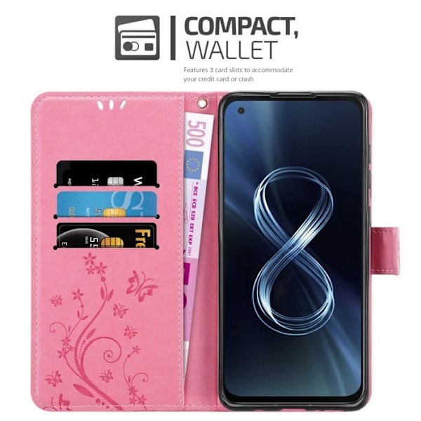 Skyddsfodral för Asus ZenFone 8 - CADORABO - Blommönstrad Fodral - Konstläder - Ställfunktion - Platser för Kort Rosa blommig