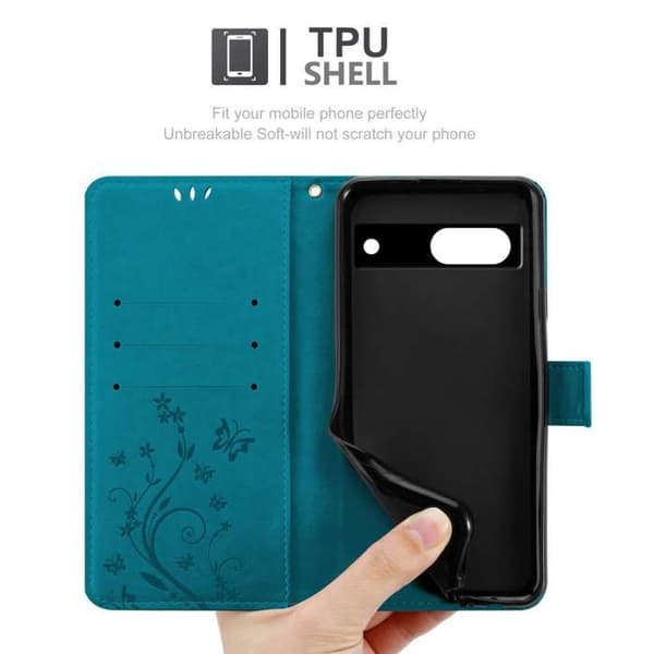 Fodral med lock för Google PIXEL 7 Etui i BLÅ BLOMSTERMÖNSTER Skydd Design Blommig Plånbok Blå