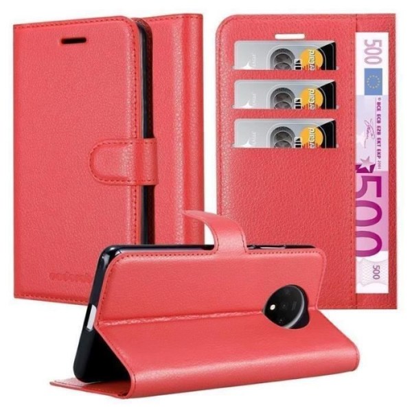 Fodral - CADORABO - OnePlus 7T - Rött konstläder - Stativfunktion - 3 kortfack Röd