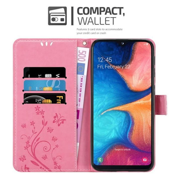 Fodral till Samsung Galaxy A20e - CADORABO - Blomdesign - Imiterat läder - Stativfunktion - 3 kortplatser Rosa
