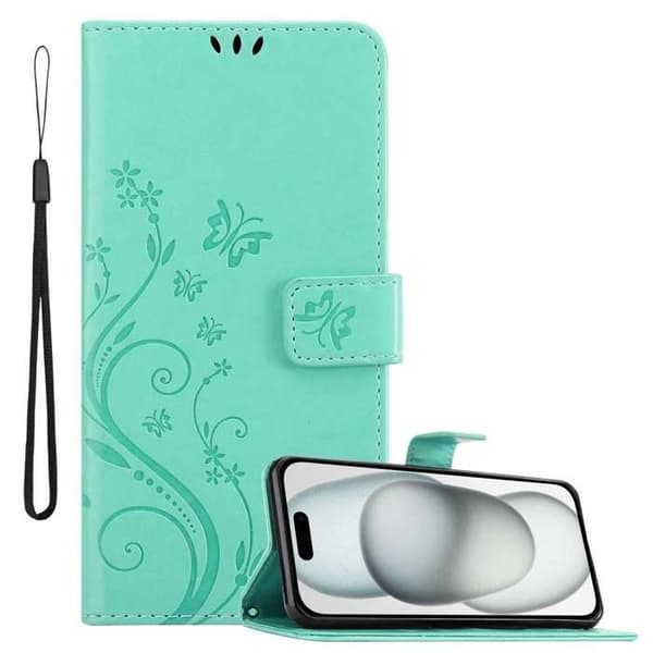 Fodral med lock för iPhone 15 Turkos Blommig Design Skydd Plånbok Blå