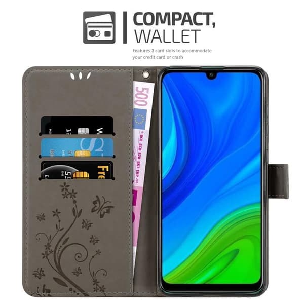 Fodral med lock för Huawei P SMART 2020, Grå Blommig Design, Plånboksfodral Grå