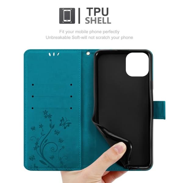 Fodral med lock för iPhone 14, Blått Blommönster, Skyddande Design, Plånbok Blå
