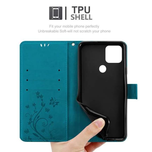 Fodral med lock för Google PIXEL 5 Etui i BLÅ BLOMSTER Design Floral Plånboksskydd Blå