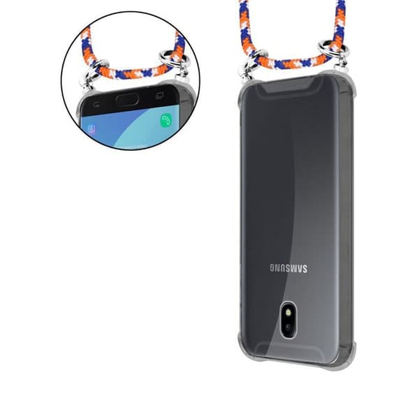 Fodral för Samsung Galaxy J7 2017 med axelrem i ORANGE BLÅ VIT med justerbar snodd Blå