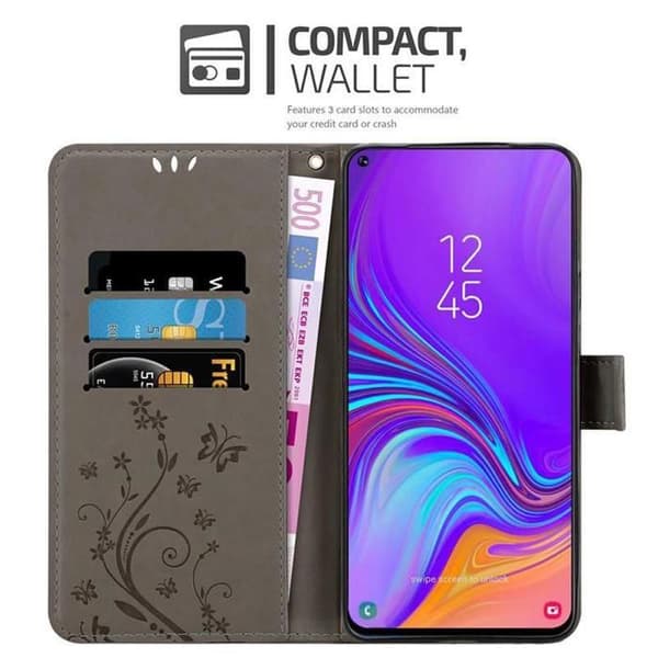 Fodral med lock för Samsung Galaxy A8s Etui i GRÅ BLOMMÖNSTER Skydd Design Blommig Plånbok Grå