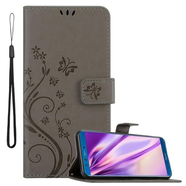 Fodral med lock för Honor 9 LITE Etui i GRÅ BLOMMÖNSTER Skydd Design Blommig Plånbok Grå