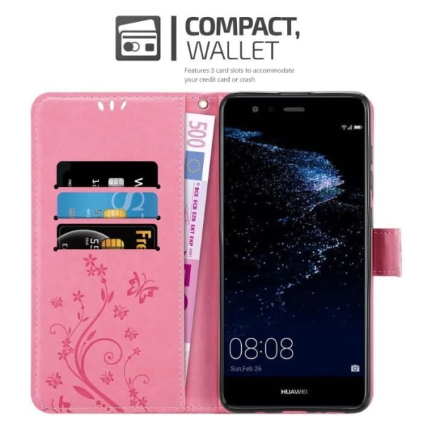 Fodral för Huawei P10 LITE - CADORABO - Rosafloral - Syntetläder - Ställfunktion - Platser för kort Rosa blommig