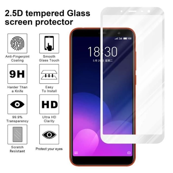 Skärmskydd - CADORABO - MEIZU M6T - Härdat glas - Fullständigt skydd - Reptålig vit svart