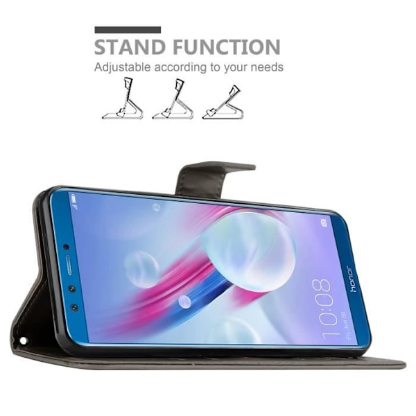 Coque Honor 9 LITE - CADORABO - Grå Blommig - Syntetläder - Ställfunktion - Fack för Kort Blommig grå