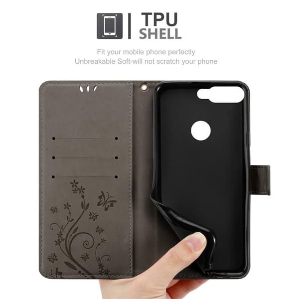 Fodral med lock för Honor 7C / Huawei Y7 2018 Etui i GRÅTT BLOMMÖNSTER Skydd Design Blommig Plånbok Grå