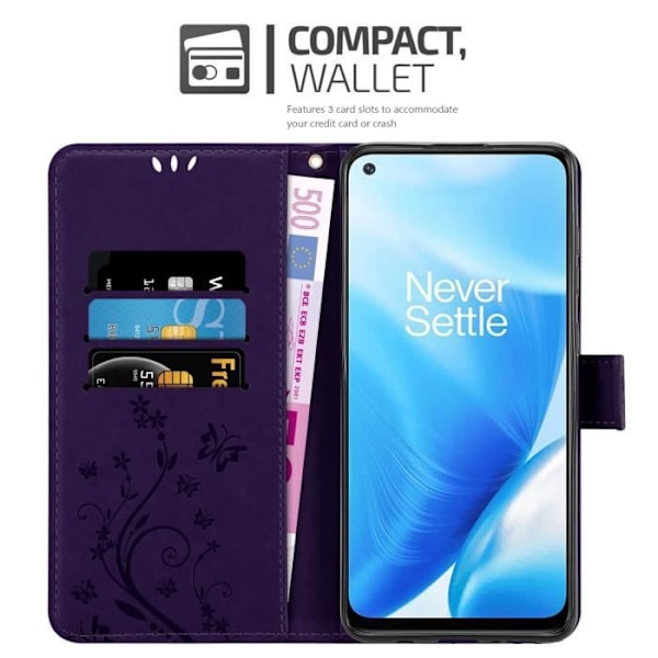 Etui för telefon - CADORABO - OnePlus Nord N200 5G - Syntetiskt läder - Blommig - Magnetstängning Mörklila blommig