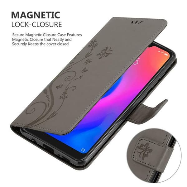 Fodral med lock för Xiaomi RedMi NOTE 6 PRO Etui i GRÅ BLOMMÖNSTER Skydd Design Blommig Plånbok Grå