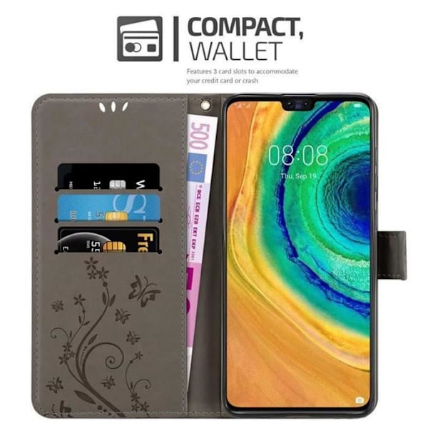 Etui för Huawei MATE 30 - CADORABO - Grå Blommig - Syntetläder - Ställfunktion - Fack för Kort Blommig grå