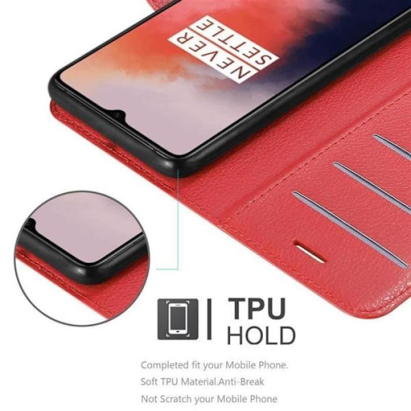 Fodral - CADORABO - OnePlus 7T - Rött konstläder - Stativfunktion - 3 kortfack Röd