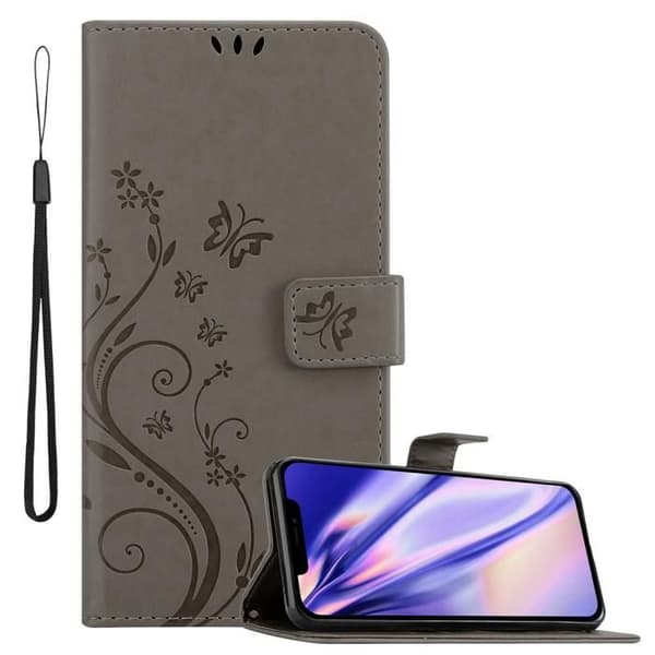 Fodral med lock för iPhone 12 / 12 PRO Etui i GRÅ BLOMMÖNSTER Skydd Design Blommig Plånbok Grå